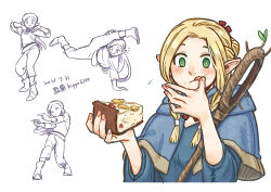 Rule 34 | 1girl, :q, :t, ankle boots, blonde hair, blue capelet, boots, braid, breakdance, capelet, dancing, dated, dungeon meshi, eahsu1994, elf, flexible, flying sweatdrops, food, food on face, green eyes, hair bun, hair ribbon, hand up, hands up, handstand, happy, highres, holding, holding food, legs up, licking, licking finger, long hair, long sleeves, looking afar, marcille donato, multiple views, one arm handstand, outstretched arms, pants, partially colored, pie, pie slice, pointing, pointy ears, red ribbon, ribbon, sash, shirt, shoes, side braid, simple background, single hair bun, smile, spread legs, sprout, staff, standing, tongue, tongue out, twin braids, upper body, white background