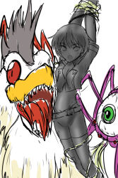 Rule 34 | 1girl, arms up, artist request, bird, cockatrimon, digimon, digimon (creature), digimon savers, fujieda yoshino, grabbing, grabbing from behind, looking at another, navel, open mouth, parasimon, petrification, restrained, sharp teeth, short hair, simple background, sweat, teeth, tentacles, trapped, wings