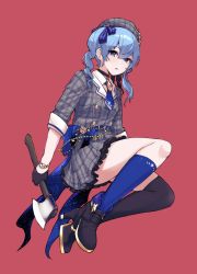Rule 34 | 1girl, absurdres, axe, black choker, black gloves, black thighhighs, blood, bloody weapon, blue eyes, blue neckwear, breasts, choker, commentary, dress, english commentary, gloves, grey dress, grey hat, hat, highres, holding, holding axe, hololive, hoshimachi suisei, hoshimachi suisei (1st costume), open mouth, plaid, plaid dress, red background, side ponytail, single thighhigh, skindentation, small breasts, solo, thighhighs, valefal coneri, virtual youtuber, weapon
