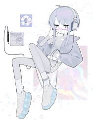 Rule 34 | 1girl, absurdres, anklet, audio cable, blush, cable, closed mouth, commentary, full body, glasses, grey eyes, grey hair, grey jacket, grey leggings, grey shorts, half-closed eyes, hand on headphones, headphones, highres, holding, holding cable, iridescent, jacket, jewelry, knees up, leggings, leggings under shorts, listening to music, long sleeves, midriff, minidisc, minidisc player, multicolored background, myomuron, off shoulder, open clothes, open jacket, original, platform footwear, raised eyebrows, shoes, short hair with long locks, shorts, skin tight, sneakers, solo, sparkle, white background