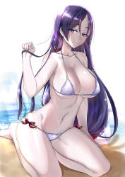 Rule 34 | 1girl, bare arms, bare legs, bare shoulders, barefoot, beach, bikini, blush, breasts, cleavage, closed mouth, collarbone, day, fate/grand order, fate (series), groin, halterneck, halterneck, highres, horizon, large breasts, long hair, looking at viewer, minamoto no raikou (fate), minatasiro, navel, ocean, outdoors, purple eyes, purple hair, sitting, smile, solo, stomach, sunlight, swimsuit, very long hair, white bikini