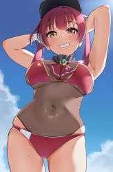Rule 34 | 1girl, armpits, arms behind head, arrow through heart, between breasts, bikini, black hat, blush, bodystocking, breasts, cleavage, gloves, hat, heterochromia, highres, hololive, houshou marine, houshou marine (1st costume), houshou marine (summer), igarashi kyouhei, large breasts, leotard, leotard under clothes, long hair, looking at viewer, navel, plump, red bikini, red eyes, red hair, red ribbon, ribbon, see-through, see-through cleavage, see-through leotard, skindentation, smile, solo, sweat, swimsuit, twintails, virtual youtuber, yellow eyes