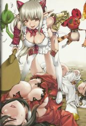 Rule 34 | 10s, 3girls, aldra (queen&#039;s blade), apron, breasts, defeat, closed eyes, hair ornament, hand on own hip, highres, large breasts, leaning forward, long hair, looking at viewer, lying, multiple girls, official art, open mouth, paddle, pointy ears, queen&#039;s blade, queen&#039;s blade rebellion, red eyes, sainyang (queen&#039;s blade), siblings, silver hair, sisters, smile, standing, sweat, tarnyang (queen&#039;s blade), thighhighs, torn clothes, twins, white legwear