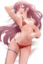 Rule 34 | 1girl, absurdres, arm behind back, armpits, bikini, breasts, breath, commentary, contrapposto, earrings, english commentary, feet out of frame, hair down, halterneck, heart, heart-shaped pupils, heart earrings, heart necklace, heavy breathing, heterochromia, highres, hololive, houshou marine, houshou marine (summer), huge filesize, jewelry, large breasts, long hair, looking at viewer, lufi ays, lying, navel, necklace, o-ring, o-ring legwear, o-ring thigh strap, on back, open mouth, red bikini, red eyes, red hair, skindentation, solo, stomach, straight hair, string bikini, sweat, swimsuit, symbol-shaped pupils, thigh strap, twitter username, underboob, virtual youtuber, yellow eyes