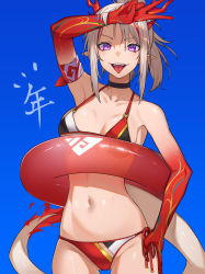 Rule 34 | 1girl, absurdres, arknights, arm up, armpits, bare shoulders, bikini, black choker, blue background, breasts, choker, cleavage, collarbone, colored skin, cowboy shot, dragon girl, dragon horns, dragon tail, gradient skin, gus1999, highres, horns, innertube, looking at viewer, multicolored bikini, multicolored clothes, multicolored hair, navel, nian (arknights), open mouth, photoshop (medium), pointy ears, ponytail, purple eyes, red hair, red ribbon, red skin, ribbon, short hair, short ponytail, side-tie bikini bottom, simple background, solo, stomach, streaked hair, swim ring, swimsuit, tail, tongue, tongue out, translation request, two-tone hair