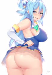 Rule 34 | 1girl, aqua (konosuba), ass, bare shoulders, blouse, blue eyes, blue hair, blue legwear, blue shirt, blue skirt, bow, breasts, clothes lift, commentary, commentary request, covered erect nipples, detached sleeves, from behind, green bow, hair between eyes, hair ornament, hair rings, heart, heart-shaped pupils, highres, hip focus, huge ass, kono subarashii sekai ni shukufuku wo!, kuavera, large breasts, long hair, looking at viewer, naughty face, no panties, open mouth, shirt, sideboob, simple background, skirt, skirt lift, smile, solo, standing, symbol-shaped pupils, teasing, white background, wide hips, x hair ornament