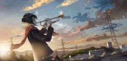 Rule 34 | 1girl, building, cloud, from side, highres, holding, holding instrument, instrument, jacket, medium hair, music, original, outdoors, playing instrument, pleated skirt, red scarf, sakura inu (itoyatomo), scarf, scenery, skirt, sky, sweater, transmission tower, tree, trumpet