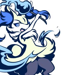 Rule 34 | 1girl, :3, alternate color, animal ear fluff, animal ears, animal nose, arm up, black fur, blue eyes, blue theme, body fur, braixen, creatures (company), fang, female focus, fire, fox ears, fox girl, fox tail, furry, furry female, game freak, gen 6 pokemon, holding, looking at viewer, monochrome, muguet, nintendo, open mouth, pokemon, pokemon (creature), simple background, smile, snout, solo, standing, stick, tail, white background, white fur, yellow fur