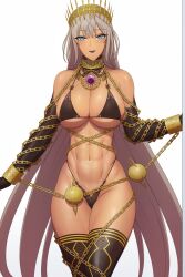 Rule 34 | 1girl, abs, bare shoulders, bikini, black bikini, black thighhighs, blue eyes, blush, breasts, chain, cleavage, commentary, dark-skinned female, dark skin, fate/grand order, fate (series), grey hair, highres, large breasts, long hair, lvl (sentrythe2310), navel, open mouth, sideboob, simple background, smile, solo, stomach, swimsuit, teeth, textless version, thighhighs, thighs, underboob, upper teeth only, white background, zenobia (fate)
