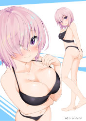 Rule 34 | 1girl, :o, arm behind back, ass, bare arms, bare legs, bare shoulders, barefoot, bikini, black bikini, blush, breasts, cleavage, closed mouth, collarbone, commentary request, dated, eyes visible through hair, fate (series), from above, full body, hair over one eye, hand on own chest, large breasts, leg up, looking at viewer, looking up, mash kyrielight, mokyutan, multiple views, navel, open mouth, pink hair, pulled by self, purple eyes, raised eyebrows, short hair, side ponytail, smile, standing, standing on one leg, stomach, strap pull, swimsuit, two-tone background, upper body