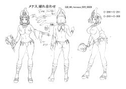 Rule 34 | 1girl, absurdres, armpits, ass, bare legs, bare shoulders, blunt bangs, blush, breasts, character sheet, close-up, closed mouth, curvy, egyptian clothes, full body, groin, headgear, high heels, highres, huge ass, jewelry, large breasts, looking at viewer, medium hair, menace (queen&#039;s blade), monochrome, multiple views, nipples, official art, panties, queen&#039;s blade, revealing clothes, scan, setra, simple background, smile, solo, striped clothes, striped panties, thong, topless, torn clothes, underwear, white background, wide hips