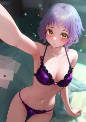 Rule 34 | 1girl, armpits, bed sheet, blush, bra, breasts, breasts apart, c (theta), collarbone, fingernails, foreshortening, groin, highres, idolmaster, idolmaster million live!, indoors, lace, lace-trimmed bra, lace-trimmed panties, lace trim, letter, light particles, looking at viewer, makabe mizuki, medium breasts, nail polish, navel, panties, purple bra, purple hair, purple panties, selfie, short hair, sitting, solo, underwear, underwear only