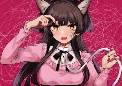 Rule 34 | 1girl, agetama, animal ears, black hair, blush, cat ears, cat girl, collar, commentary, commentary request, frills, hand up, highres, idolmaster, idolmaster shiny colors, leash, long hair, long sleeves, looking at viewer, mayuzumi fuyuko, nail polish, pink shirt, red background, red nails, shirt, smile, solo, upper body, white collar, yellow eyes