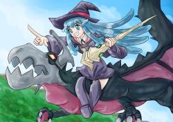 Rule 34 | blue eyes, blue hair, boots, cosplay, dragon, flying, han megumi, happinesscharge precure!, hat, kagari atsuko, kagari atsuko (cosplay), little witch academia, luna nova school uniform, mountain, non-web source, parody, pointing, precure, reference photo, school uniform, shirayuki hime, voice actor connection, witch hat