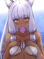 Rule 34 | 1girl, backlighting, bikini, blush, breasts, closed mouth, condom, condom in mouth, front-tie bikini top, front-tie top, hair ribbon, headgear, kantai collection, katou techu, long hair, looking at viewer, mouth hold, murakumo (kancolle), ocean, outdoors, ribbon, solo, swimsuit, tan, tanline, thick eyebrows, tress ribbon, white bikini, white hair, yellow eyes