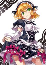 Rule 34 | 1girl, alternate costume, arm warmers, black dress, blonde hair, clothes lift, detached sleeves, dress, frills, green eyes, hairband, kiyoichi, kiyoichi (acacia soukyoukai), lace, lace-trimmed skirt, lace trim, lolita fashion, lolita hairband, looking at viewer, mizuhashi parsee, pointy ears, puffy short sleeves, puffy sleeves, short hair, short sleeves, skirt, skirt lift, smile, solo, touhou, wavy hair