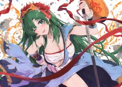 Rule 34 | 1girl, alternate hairstyle, bandages, bandeau, blue skirt, breasts, chest sarashi, cleavage, commentary, female focus, fire emblem, fire emblem: the blazing blade, fire emblem heroes, green eyes, green hair, holding, holding weapon, large breasts, long hair, looking at viewer, lyn (fire emblem), lyn (flame) (fire emblem), mask, mask on head, matching hair/eyes, midriff, nintendo, official alternate costume, one eye closed, sarashi, simple background, skirt, solo, strapless, thighs, tube top, very long hair, weapon, white background, wink, yuuri (orz commushows)