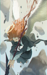 Rule 34 | 1boy, angel, angel devil (chainsaw man), angel wings, black cat207, black jacket, black necktie, black pants, chainsaw man, closed eyes, collared shirt, debris, feathered wings, formal, halo, highres, holding, holding weapon, jacket, male focus, necktie, orange hair, pants, shirt, shoes, sneakers, solo, suit, suit jacket, weapon, white footwear, white shirt, white wings, wings