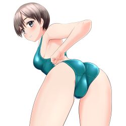 Rule 34 | 1girl, absurdres, ass, black hair, competition swimsuit, crotch seam, from behind, green one-piece swimsuit, grey eyes, highres, leaning forward, looking at viewer, looking back, one-piece swimsuit, original, parted lips, short hair, solo, standing, swimsuit, takafumi