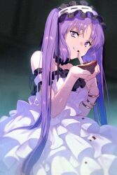 Rule 34 | 1girl, bare shoulders, blush, breasts, dress, echo (circa), euryale (fate), fate/grand order, fate/hollow ataraxia, fate (series), food, frilled hairband, frills, fruit, grin, hairband, long hair, looking at viewer, parted bangs, purple eyes, purple hair, sidelocks, small breasts, smile, solo, twintails, very long hair, white dress