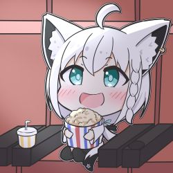 Rule 34 | 1girl, ahoge, animal ear fluff, animal ears, blush, braid, chibi, commentary request, cup, disposable cup, earrings, food, fox ears, fox girl, fox tail, green eyes, hair between eyes, highres, holding, holding food, hololive, jewelry, long hair, open mouth, pentagram, popcorn, rururaroru, shirakami fubuki, shirakami fubuki (1st costume), sidelocks, single braid, sitting, solo, tail, virtual youtuber, white hair