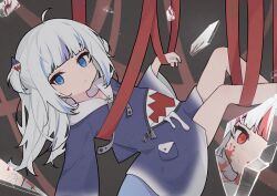 Rule 34 | 1girl, ahoge, animal hood, blood, blood on face, blue eyes, blue hair, blue hood, blunt bangs, broken glass, cp2980606, fins, fish tail, gawr gura, glass, glass shards, grin, hair ornament, hanging, highres, hololive, hololive english, hood, long sleeves, looking at viewer, multicolored hair, red eyes, red hair, red ribbon, reflect (gawr gura), reflection, ribbon, shark girl, shark hair ornament, shark hood, shark tail, sharp teeth, smile, streaked hair, tail, teeth, two side up, virtual youtuber, white hair