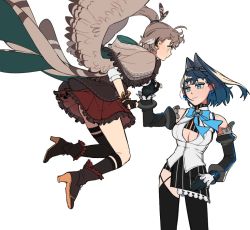 Rule 34 | 2girls, ahoge, blue eyes, blue hair, blue ribbon, boots, bow, bow earrings, brown eyes, brown hair, chain, cleavage cutout, clothing cutout, detached sleeves, earrings, eus ing, feather hair ornament, feathers, gloves, hair intakes, hair ornament, headband, high heel boots, high heels, hololive, hololive english, jewelry, long hair, multicolored hair, multiple girls, nanashi mumei, ouro kronii, ponytail, ribbon, sailor collar, shirt, short hair, skirt, sleeveless, sleeveless shirt, solo, streaked hair, thigh strap, thighhighs, very long hair, virtual youtuber, white shirt