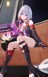 Rule 34 | 1girl, 1other, absurdres, armpit crease, astral express (honkai: star rail), bare shoulders, black bodysuit, black footwear, black gloves, blue eyes, bodysuit, breasts, collarbone, collared shirt, colored inner hair, commentary, couch, elbow gloves, from below, full body, gloves, hair between eyes, hair ornament, highres, holographic interface, honkai: star rail, honkai (series), indoors, large breasts, looking at screen, multicolored hair, numby (honkai: star rail), ooo wange, red hair, shirt, signature, sitting, smile, streaked hair, teeth, thighs, topaz (honkai: star rail), train interior, trotter (honkai: star rail), white hair, white shirt
