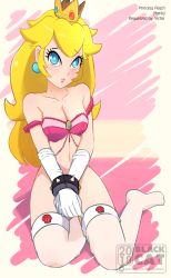Rule 34 | 1girl, bare shoulders, blackcatart, blonde hair, blue eyes, blush, breasts, cleavage, collarbone, crown, earrings, elbow gloves, full body, gloves, highres, jewelry, long hair, mario (series), medium breasts, navel, nintendo, parted lips, princess peach, sitting, solo, spiked wrist cuff, thighhighs, white gloves, white thighhighs, yokozuwari