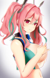 Rule 34 | 1girl, armpit crease, azur lane, bare shoulders, blush, breasts, bremerton (azur lane), bremerton (scorching-hot training) (azur lane), closed mouth, commentary, crop top, crop top overhang, cropped torso, green hair, hair between eyes, hair intakes, hair ornament, hairclip, hand up, highres, large breasts, long hair, looking at viewer, multicolored hair, navel, no mole, official alternate costume, pink eyes, pink hair, redsoul0310, see-through, shirt, sidelocks, simple background, sleeveless, sleeveless shirt, smile, solo, sportswear, stomach, streaked hair, tennis uniform, twintails, two-tone hair, two-tone shirt, upper body, wet, wet clothes, wet shirt, white background, x hair ornament