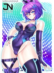 Rule 34 | 1girl, absurdres, artist name, bandaid, bandaid on face, bandaid on nose, blue eyes, blush, breasts, choker, cleavage, collarbone, covered navel, elbow gloves, fingerless gloves, gloves, hand on own hip, highres, indie virtual youtuber, jnstudio, large breasts, leotard, long hair, melody (projektmelody), nail polish, narrow waist, navel, ponytail, purple hair, skin tight, skindentation, solo, stomach, thick thighs, thigh strap, thighhighs, thighs, virtual youtuber, vshojo, wide hips
