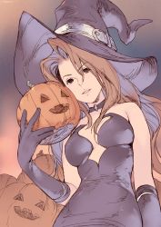 Rule 34 | 1girl, breasts, brown hair, choker, deneb rove, dress, food, gloves, halloween, hat, hat belt, highres, holding, holding food, holding pumpkin, holding vegetable, jack-o&#039;-lantern, kotatsu (g-rough), long hair, looking at viewer, medium breasts, parted lips, pumpkin, purple choker, purple dress, purple gloves, purple hat, smile, solo, tactics ogre, upper body, vegetable, witch hat
