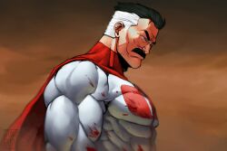 Rule 34 | 1boy, artist name, blood, blood on clothes, blood on face, blue eyes, bodysuit, cape, facial hair, highres, invincible (series), large pectorals, male focus, multicolored hair, muscular, muscular male, mustache, omni-man, pectorals, red cape, serious, short hair, solo, spunkyramaz, two-tone hair, upper body, white bodysuit, white hair