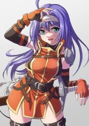 Rule 34 | 1girl, :d, ahoge, bare shoulders, belt, black gloves, black shirt, blue hair, breasts, detached sleeves, fingerless gloves, fire emblem, fire emblem: path of radiance, fire emblem: radiant dawn, funami dingo, gloves, green eyes, hairband, headband, highres, long hair, looking at viewer, mia (fire emblem), nintendo, open mouth, orange gloves, shirt, simple background, sleeveless, smile, solo, sword, thighhighs, weapon, white hairband, zettai ryouiki