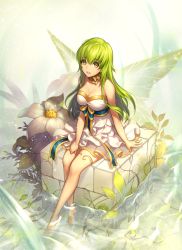 Rule 34 | 1girl, bare shoulders, barefoot, breasts, choker, cleavage, dress, fairy, fairy wings, flower, green hair, large breasts, light particles, long hair, looking at viewer, metto, original, parted lips, ribbon choker, sash, sitting, smile, soaking feet, solo, strapless, strapless dress, water, wings, yellow eyes