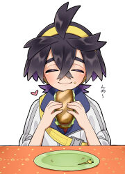 Rule 34 | 1boy, ahoge, black hair, buckle, closed eyes, closed mouth, colored inner hair, commentary request, creatures (company), crossed bangs, facing viewer, food, food on face, game freak, hair between eyes, hairband, heart, highres, holding, holding food, jacket, kieran (pokemon), kyouka. (kyouka), lettuce, male focus, multicolored hair, nintendo, plate, pokemon, pokemon sv, sandwich, skewer, smile, solo, strap, table, white background, white jacket, yellow hairband