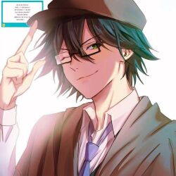 Rule 34 | 1boy, brown hair, bungou stray dogs, edogawa ranpo (bungou stray dogs), formal, glass, green eyes, hand up, hat, looking at viewer, male focus, suit