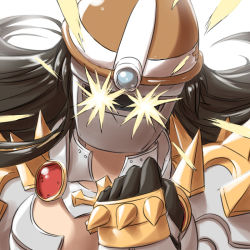 Rule 34 | 1girl, armor, bikini armor, black gloves, black hair, breasts, brown headwear, clenched hand, commentary request, gauntlets, gloves, hard hat, helmet, large breasts, long hair, looking at viewer, natsuya (kuttuki), pauldrons, ragnarok online, rune knight (ragnarok online), shoulder armor, simple background, solo, sparkling eyes, sparks, spiked gauntlets, spiked pauldrons, upper body, welding mask, white background