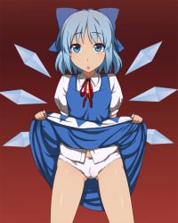 Rule 34 | 1 (kawaseha), 1girl, :o, blue eyes, bow, cameltoe, cirno, clothes lift, dress, dress lift, female focus, gradient background, hair bow, ice, ice wings, looking at viewer, open mouth, panties, short hair, simple background, solo, touhou, underwear, white panties, wings