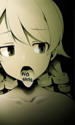 Rule 34 | 1girl, black background, body writing, collarbone, english text, female focus, hair between eyes, idolmaster, idolmaster cinderella girls, long hair, looking to the side, morikubo nono, revision, ringlets, simple background, solo, tongue, tongue out, uccow, upper body