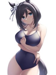 Rule 34 | 1girl, animal ears, arm across waist, bare arms, bare shoulders, black hair, blue eyes, blue one-piece swimsuit, blush, breasts, cleavage, closed mouth, collarbone, competition school swimsuit, covered navel, cowboy shot, eishin flash (umamusume), hand on own chest, head tilt, highres, horse ears, horse girl, horse tail, large breasts, looking at viewer, one-piece swimsuit, pataneet, school swimsuit, short hair, solo, swept bangs, swimsuit, tail, umamusume