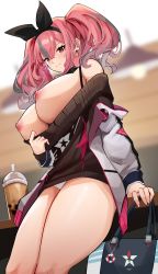 Rule 34 | 1girl, absurdres, azur lane, bag, black hairband, breasts, breasts out, bremerton (azur lane), bremerton (day-off date) (azur lane), bubble tea, closed mouth, clothes pull, commentary, cromwellb, cup, disposable cup, dress, english commentary, hairband, handbag, highres, huge breasts, jacket, looking at viewer, multicolored hair, nipples, off-shoulder dress, off shoulder, official alternate costume, panties, pantyshot, pulling own clothes, sitting, sitting on table, solo, standing, star (symbol), star print, sweater, sweater dress, sweater pull, thick thighs, thighs, twintails, two-tone hair, underwear, white jacket, white panties