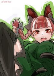 Rule 34 | 1girl, animal ears, black bow, black thighhighs, blunt bangs, blush, bow, breasts, cat ears, cat tail, commentary request, dress, earrings, extra ears, fangs, foot out of frame, from below, green dress, green outline, hair bow, hair ribbon, hand up, holding, holding hair, jewelry, kaenbyou rin, medium breasts, multiple tails, nail polish, nekomata, open mouth, outline, over-kneehighs, red eyes, red hair, red nails, ribbon, simple background, sinzan, slit pupils, solo, tail, thighhighs, touhou, tress ribbon, two tails, v-shaped eyebrows, white background
