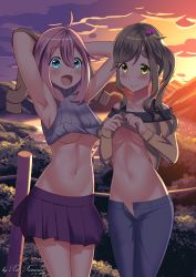 Rule 34 | 2girls, absurdres, armpits, arms up, blonde hair, blue eyes, blush, breasts, clothes lift, evening, fang, groin, hadaparuka, hair ornament, highres, inuyama aoi, kagamihara nadeshiko, looking at viewer, medium breasts, multiple girls, navel, no bra, no panties, open fly, open mouth, open pants, pants, pink hair, shirt lift, skirt, smile, standing, thick eyebrows, unbuttoned, underarms, underboob, unzipped, yellow eyes, yurucamp
