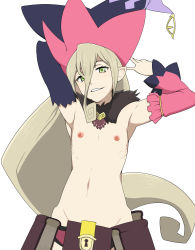 Rule 34 | 1girl, armpits, arms behind head, blonde hair, detached sleeves, eyebrows, eyelashes, female focus, flat chest, green eyes, groin, hair between eyes, hat, highres, long hair, looking at viewer, magilou (tales), mantan, navel, nipples, parted lips, pointy ears, ribs, simple background, solo, stomach, tales of (series), tales of berseria, topless, upper body, very long hair, white background