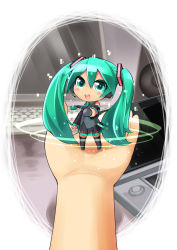 Rule 34 | 1girl, absurdres, aqua eyes, aqua hair, chibi, detached sleeves, hatsune miku, highres, looking at viewer, microphone, mini person, minigirl, open mouth, pon (pompokopon), pov, smile, twintails, vocaloid