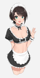 Rule 34 | 1girl, absurdres, alternate costume, apron, arm behind back, black hair, black ribbon, black skirt, breasts, commentary, crop top, cropped legs, detached collar, enmaided, flying sweatdrops, frilled apron, frills, grey background, hand up, highres, hololive, looking at viewer, maid, maid headdress, medium breasts, navel, neck ribbon, nervous smile, oozora subaru, open mouth, puffy short sleeves, puffy sleeves, ribbon, short hair, short sleeves, simple background, skirt, smile, solo, swept bangs, takita (takita3411), thighs, virtual youtuber, waist apron, white apron, white background