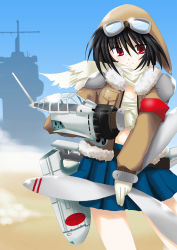 Rule 34 | 1girl, a6m zero, aircraft, airplane, black hair, female focus, goggles, goggles on head, kagemori toshiya, mecha musume, outdoors, personification, propeller, red eyes, scarf, ship, short hair, skirt, sky, solo, watercraft
