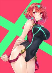 Rule 34 | 1girl, arm behind back, blush, breasts, commentary request, competition swimsuit, covered navel, cowboy shot, earrings, groin, hairband, highleg, highleg swimsuit, highres, jewelry, large breasts, leaning forward, looking at viewer, nagayori, nintendo, one-piece swimsuit, parted lips, pink eyes, pyra (pro swimmer) (xenoblade), pyra (xenoblade), red hair, short hair, solo, standing, swept bangs, swimsuit, two-tone background, xenoblade chronicles (series), xenoblade chronicles 2