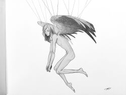 Rule 34 | 1girl, akeru, angel wings, barefoot, closed mouth, completely nude, feathered wings, fingernails, floating, from side, full body, greyscale, highres, long hair, looking at viewer, monochrome, nude, original, signature, simple background, solo, string, toenails, wings